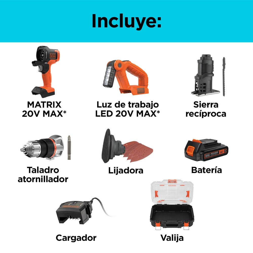 Taladro Matrix Black and Decker MTX20K4-B3 3/8: Taladro con 3 Cabezales  Intercambiables y Linterna. Potente y Compacto para Proyectos del Hoga