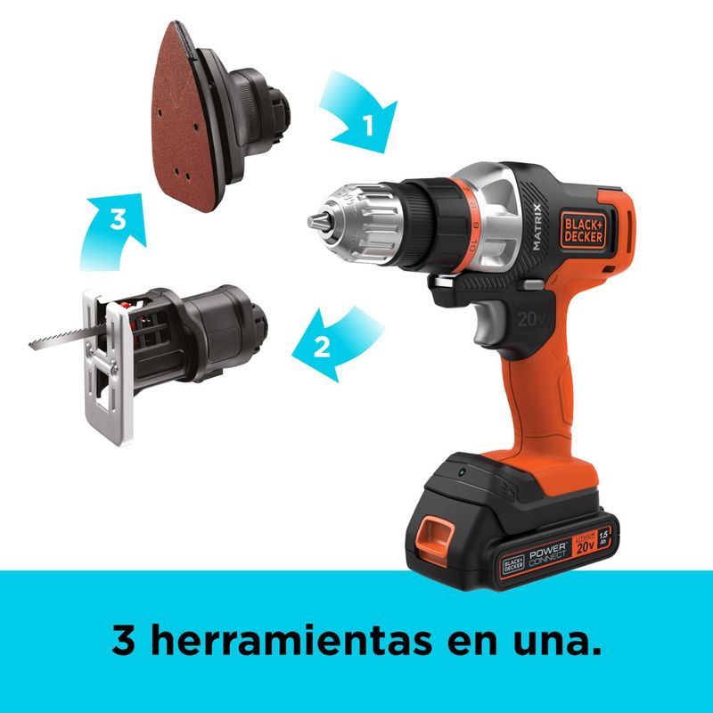 Taladro Matrix Black and Decker MTX20K4-B3 3/8: Taladro con 3 Cabezales  Intercambiables y Linterna. Potente y Compacto para Proyectos del Hoga